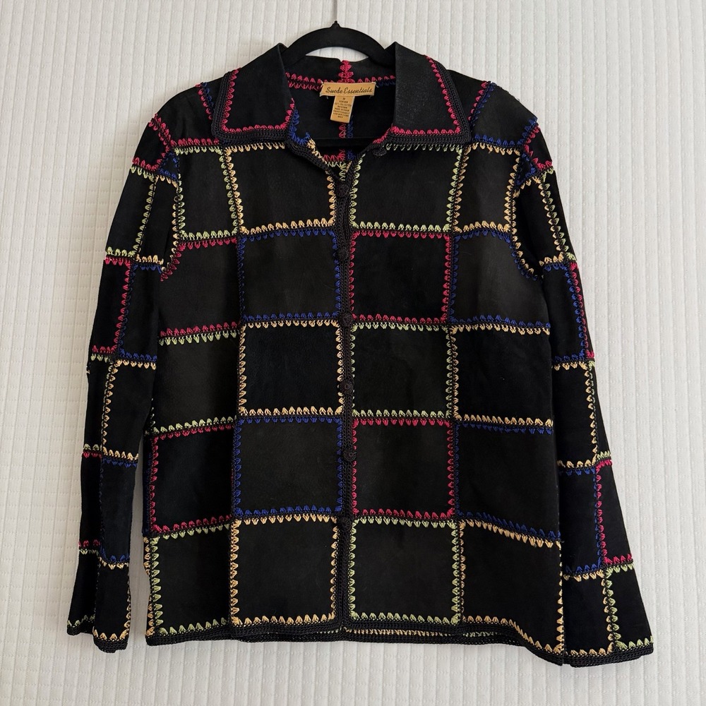 Patchwork Suede Leather Jacket Black Medium Colorful Vtg Boho Crochet Funky 90s